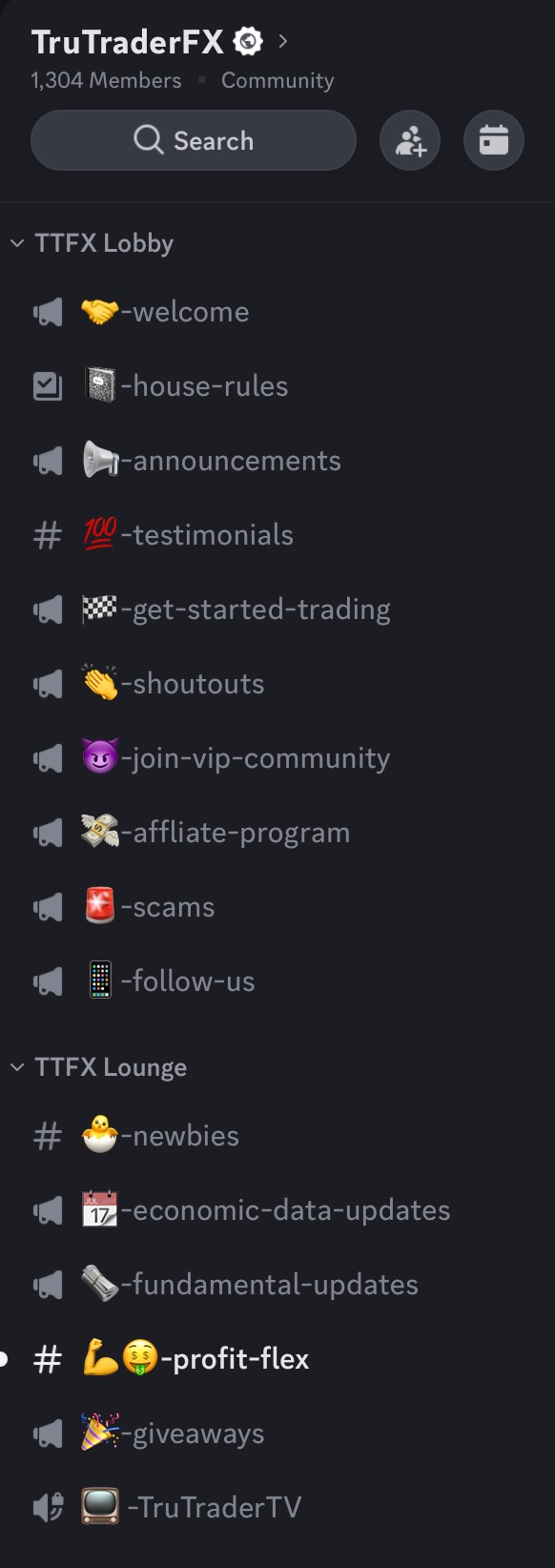 TruTraderFX Discord server preview — 1,300+ members, TTFX Lobby and TTFX Lounge channels