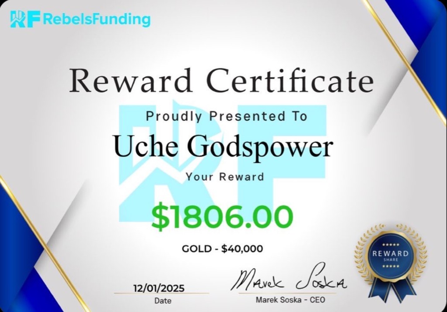 Uche Godspower — Payout · $1,806